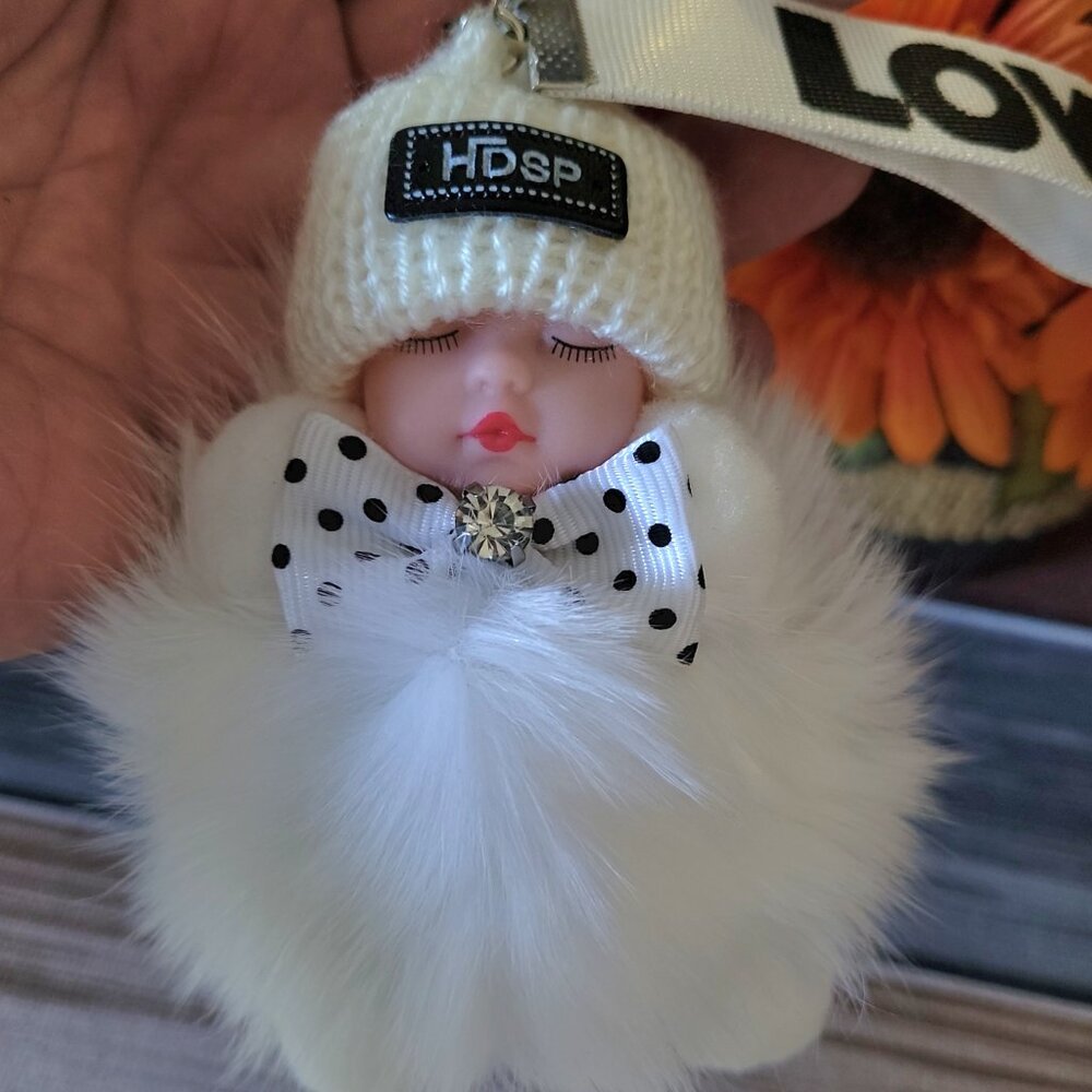 🔥Adorable Sleeping Baby Fluffy Fur White Pom Pom Charm Keychain Cute Gift - Picture 4 of 7